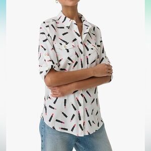 New Karl Lagerfeld White and Black Lipstick Print Button Down Shirt Blouse